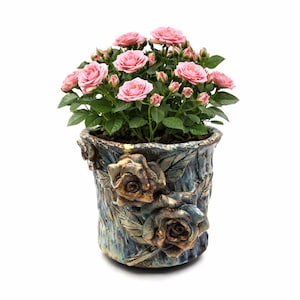 Könnte beinhalten: Topfrose mit zahlreichen rosa Blüten und grünen Blättern. Die Pflanze steht in einem blau-braunen Keramiktopf mit rosenförmigen Reliefdetails. Der Topf hat eine strukturierte Oberfläche.