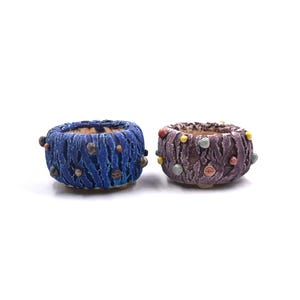 Puede incluir: Dos pequeñas macetas de cerámica con superficies texturizadas y puntos de colores. La maceta de la izquierda es azul con puntos marrones, y la maceta de la derecha es morada con puntos amarillos, naranjas y marrones.