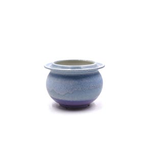 May include: A small, round, light blue ceramic planter with a white rim and a purple base.