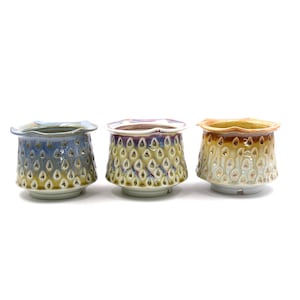 May include: Three ceramic planters with a textured, teardrop design. The planters are in shades of blue, purple, and orange.