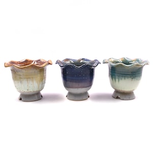 Pode incluir: Três vasos de flores de cerâmica com bordas festoneadas. Os vasos são envidraçados em diferentes cores: marrom e branco, azul e branco e verde e branco.