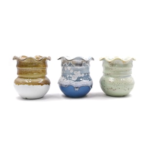 May include: Three ceramic flower pots with a scalloped rim. The pots are in different colors: brown and white, blue and white, and green and white.