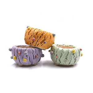 Puede incluir: Tres pequeñas macetas de cerámica con superficies texturizadas y puntos de colores. Las macetas son en tonos de morado, verde y naranja.