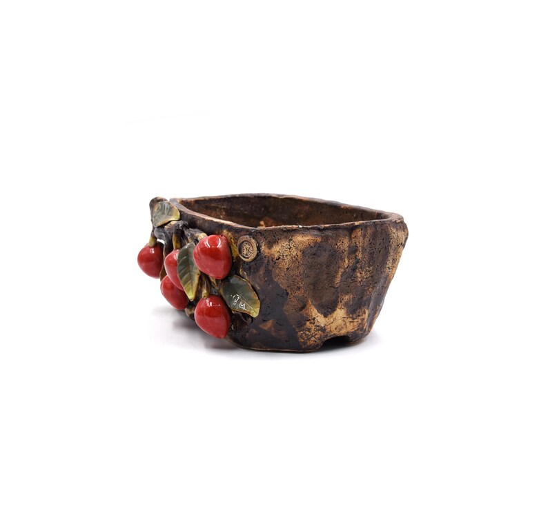 Może przedstawiać: Brązowa doniczka ceramiczna o szorstkiej fakturze z czerwonymi i zielonymi akcentami. Doniczka ma kształt misy i szeroki rant.