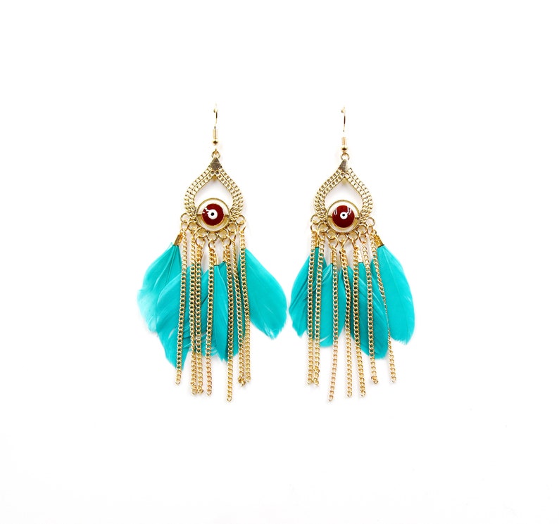 evil eye tassel feather earring