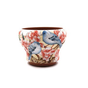 Maceta de arcilla de 6 1/2" (16,5 cm) pintada a mano con pájaros y flores, ideal para suculentas.