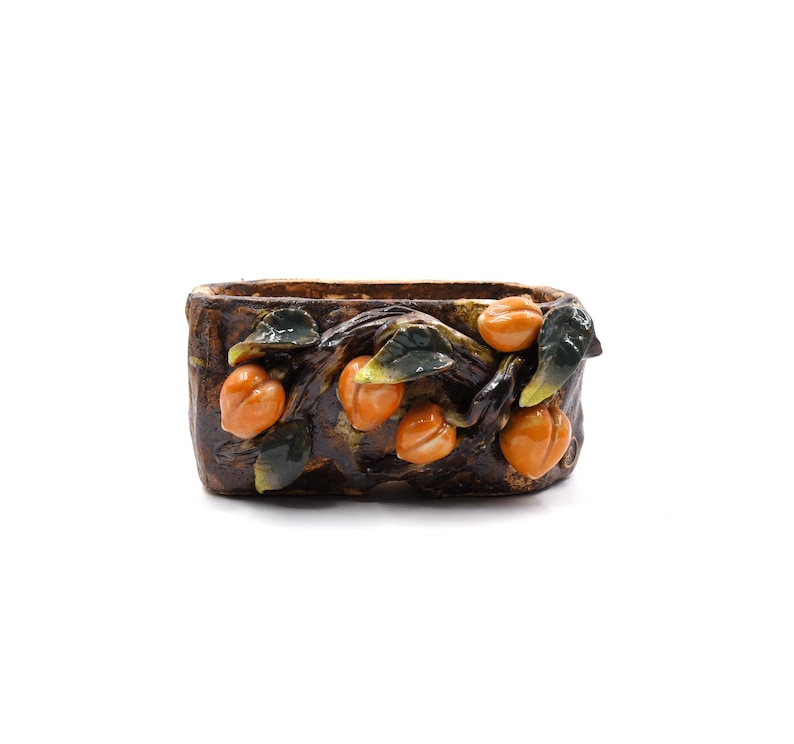 May include: A small, rectangular ceramic planter with a brown glaze and a raised design of a vine with orange fruit and green leaves.