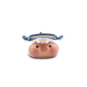 May include: A small ceramic planter shaped like a pig wearing a shark costume. The pig has a light pink face with dark eyes and rosy cheeks, while the shark hood is white with blue fins and a row of white teeth framing the pig's face.