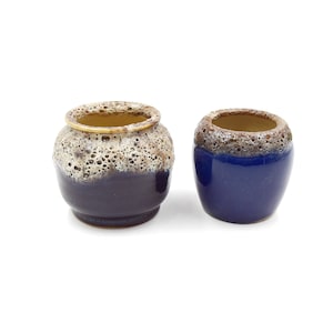 May include: Two small ceramic pots, one with a blue glaze and a speckled brown rim, and the other with a dark blue glaze and a speckled brown and cream rim.