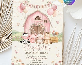 Pink Farm Birthday Invitation Template, Three-I-E-I-O Birthday Invitation, Girl Farm Party Invite, Barnyard Birthday Invite, Editable Canva