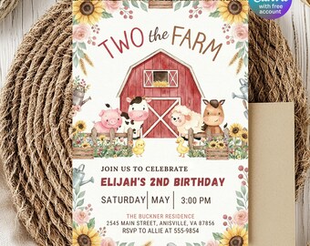 Plantilla de invitación de cumpleaños con temática de granja, invitación de cumpleaños con temática de granja, invitación de cumpleaños con temática de corral, invitación editable para fiesta de animales de granja en Canva.