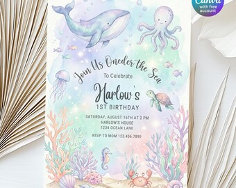 Modèle d'invitation d'anniversaire Oneder la mer, invitation d'anniversaire sous la mer, invitation de fête d'anniversaire d'océan, invitation d'anniversaire de toile modifiable