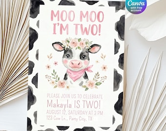 Highland Cow Birthday Invite Moo Moo I'm Two Invitation, Cowgirl Birthday Invite, Farm Birthday Invitation, Editable Canva Birthday Template