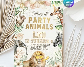 Safari Birthday Invitation, Party Animals Birthday Invite, Wild Animal Birthday Invitation, Jungle Birthday Party Invite, Editable Canva