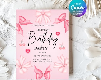 Invitación de cumpleaños con lazo rosa coqueto, tema de fiesta adolescente editable en Canva, descarga digital