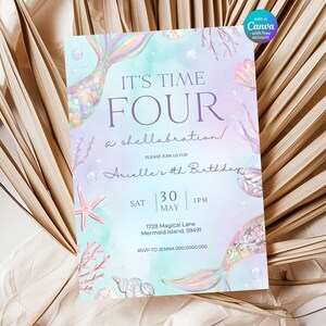 Mermaid Birthday Invitation Girl | 4th Birthday Invite Editable Canva | Its Time for Four Shellabration Party Invite