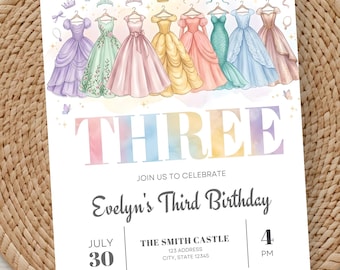 Princess Birthday Invitation Template, Birthday Invitation, Editable Princess Party Invite,Birthday Invitation Girl, Princess Dress Birthday