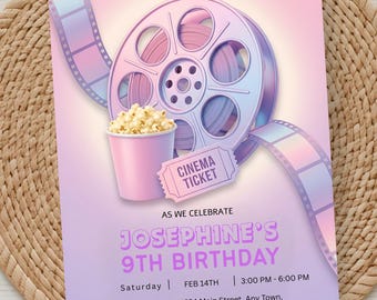 Invitación de cumpleaños para una noche de cine / Invitación a una fiesta de cine / Pijamada de cumpleaños con palomitas de maíz / Plantilla editable de Canva