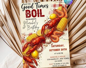 Fische Geburtstagseinladung | Crawfish Boil Party einladen Cajun Geburtstagsfeier bearbeitbare Canva Vorlage | Hummer Garnelen kochen einladen