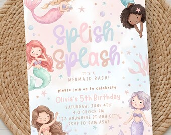 Mermaid Birthday Invitation, Splish Splash Party Template (Digital Download)
