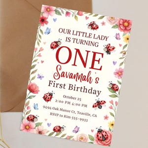 Ladybug First Birthday Invitation, Little Ladybug Turning One Invite, Girl First Birthday Party Invitation, Ladybug Birthday Party Invite