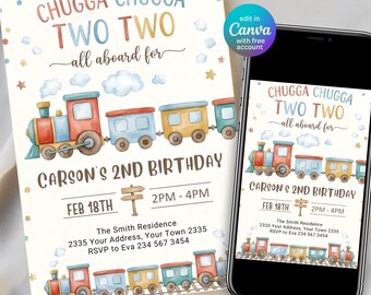 Invitación de cumpleaños con temática de tren Chugga Chugga Two Two, invitación para fiesta de cumpleaños de niño con temática de tren, ¡Todos a bordo! Plantilla editable de Canva.