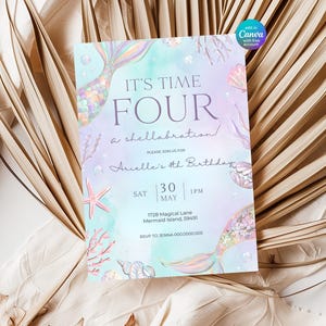 Mermaid Birthday Invitation Girl | 4th Birthday Invite Editable Canva | Its Time for Four Shellabration Party Invite