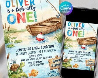 Invitación de cumpleaños O-Fish-Ally One, Invitación de cumpleaños de pesca, Invitación para fiesta de pesca de primer cumpleaños, Invitación de cumpleaños Gone Fishing, Canva editable