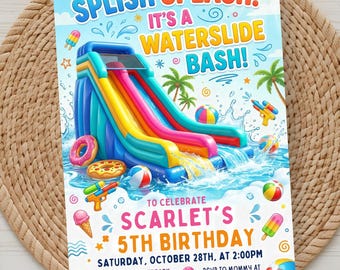 Plantilla de invitación de cumpleaños con tobogán acuático / Invitación para fiesta con tobogán acuático / Invitación editable de Canva para fiesta de cumpleaños en la piscina