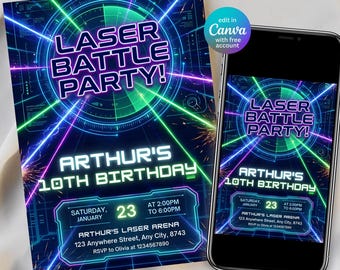 Invitación de cumpleaños de Laser Tag, invitación a fiesta de batalla láser, invitación a fiesta de cumpleaños de Laser Tag, invitación a fiesta de Laser Tag para niños, Canva