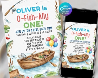 O-Fish-Ally One Birthday Invite, Fishing First Birthday Invite, Gone Fishing Birthday Invite, Boy 1st Birthday Party Editable Canva Template