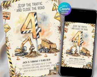 Construction Birthday Invitation Template, Construction Party Invite, Dump Truck Birthday Invitation, Editable Canva Construction Invite