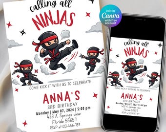 Invitation d'anniversaire de Ninja | Invitation à une fête d'arts martiaux sur toile modifiable (téléchargement numérique)