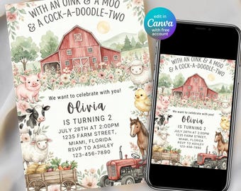 Plantilla de invitación de cumpleaños con temática de granja, invitación para fiesta de cumpleaños con animales de granja, invitación de cumpleaños con animales de granja, plantilla editable de Canva.