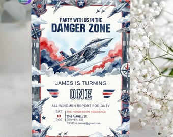 Invitación de cumpleaños con temática de aviones, invitación de cumpleaños con temática de zona de peligro, invitación para fiesta de cazas a reacción, cumpleaños con temática de aviones, invitación editable en Canva.