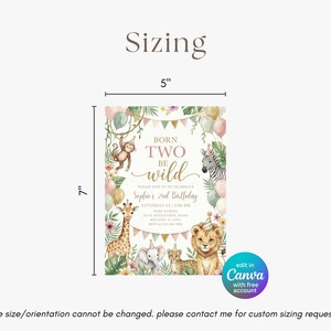 May include: A 5 inch by 7 inch birthday invitation card featuring watercolor illustrations of a monkey, zebra, giraffe, elephant, leopard, and lion wearing party hats. The text reads Born Two Be Wild, Sophie's 2nd Birthday, and event details.