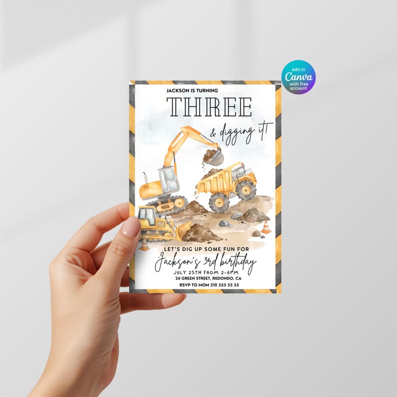 Construction birthday invitation held in hand featuring excavator, dump truck and bulldozer, editable Canva construction party template, digger birthday invitation for boys, truck birthday celebration printable, personalized construction birthday card, heavy equipment birthday invite, roadwork themed birthday party decor, instant download construction vehicle birthday invitation.