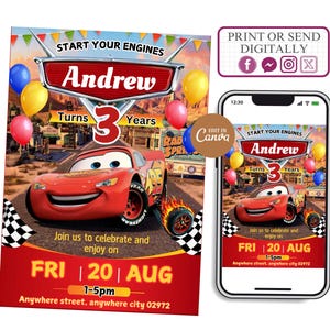 Cars verjaardagsuitnodiging, Lightning McQueen-uitnodiging, uitnodiging verjaardagsfeestje, bewerkbaar gepersonaliseerd, Cars McQueen-uitnodiging