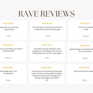 May include: A graphic design featuring the text "RAVE REVIEWS" in a serif font. Below, customer testimonials are displayed in white boxes with gold star ratings and customer names. The overall design is clean and modern, with a neutral color palette
