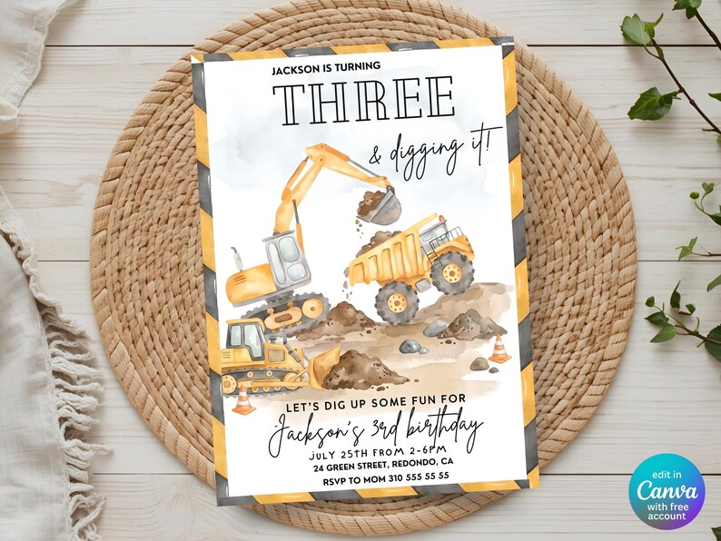 Construction birthday invitation displayed on woven mat featuring dump truck, excavator and bulldozer, editable Canva birthday invitation template, construction truck birthday party invite, digger themed birthday celebration for boys, printable construction birthday card, heavy machinery party invitation, personalized truck birthday invitation, instant download construction party decor and supplies.