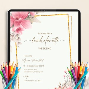 Tarjeta de invitación para despedida de soltera / Invitación divertida y elegante para despedida de soltera / Plantilla digital editable + Mega paquete de 20 calcomanías GRATIS