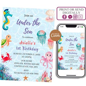 Under The Sea Birthday Invitation Template, Editable Ocean Animals Party Invite, Watercolor Under the Sea Invite, Ocean invitation