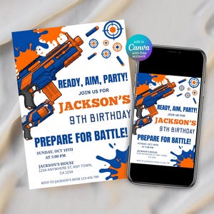May include: A birthday party invitation and a smartphone displaying the same design. The invitation features a blue and orange toy gun graphic with the text "READY, AIM, PARTY!" and "JACKSON'S 9TH BIRTHDAY". The phone shows the same design.