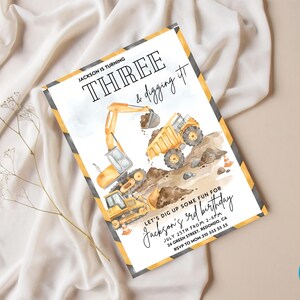 Editable construction birthday invitation template featuring excavator, dump truck and bulldozer, construction themed birthday party invite for boys, digger birthday invitation, truck birthday party printable, watercolor construction vehicles invitation, personalized birthday invite, Canva editable template, instant download construction party decor, roadwork birthday celebration, heavy equipment party invitation, construction truck birthday card for toddlers and kids.
