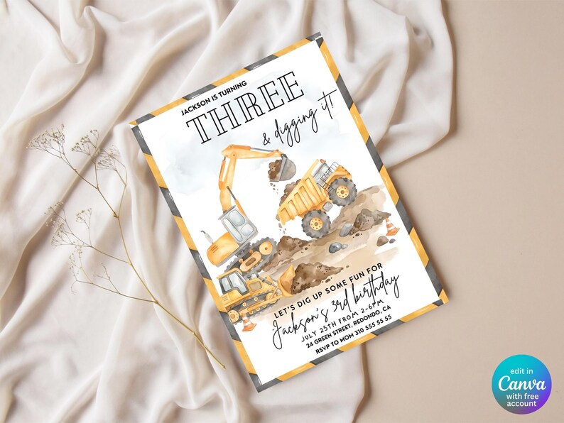 Editable construction birthday invitation template featuring excavator, dump truck and bulldozer, construction themed birthday party invite for boys, digger birthday invitation, truck birthday party printable, watercolor construction vehicles invitation, personalized birthday invite, Canva editable template, instant download construction party decor, roadwork birthday celebration, heavy equipment party invitation, construction truck birthday card for toddlers and kids.