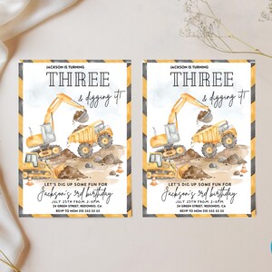 Construction birthday invitation templates displayed side by side featuring excavator, bulldozer and dump truck, editable Canva construction party invitation, digger birthday invite for boys, truck themed birthday celebration, printable construction birthday card, heavy machinery birthday invitation, road construction party decor, personalized birthday invitation template, instant download construction truck party supplies.
