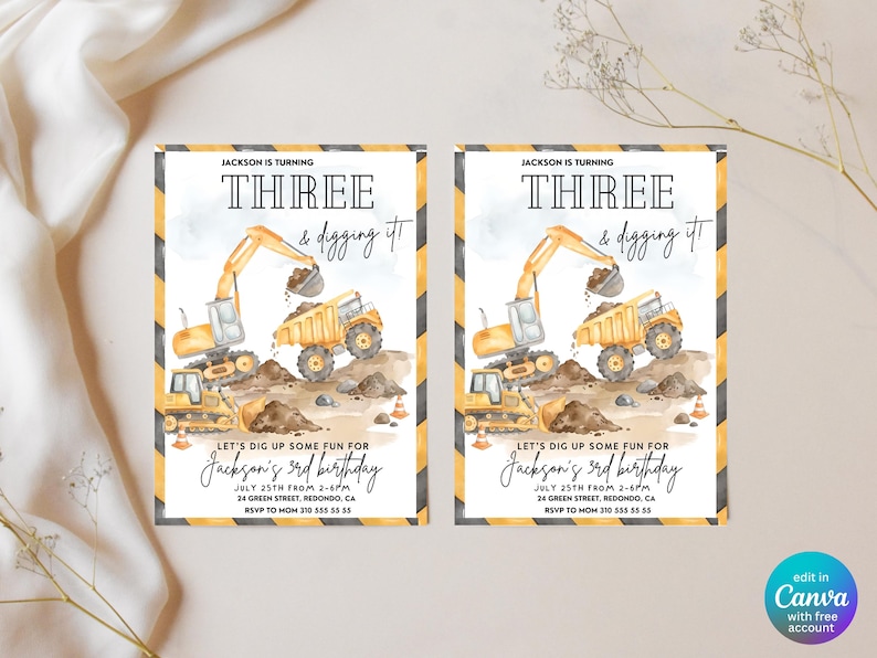 Construction birthday invitation templates displayed side by side featuring excavator, bulldozer and dump truck, editable Canva construction party invitation, digger birthday invite for boys, truck themed birthday celebration, printable construction birthday card, heavy machinery birthday invitation, road construction party decor, personalized birthday invitation template, instant download construction truck party supplies.