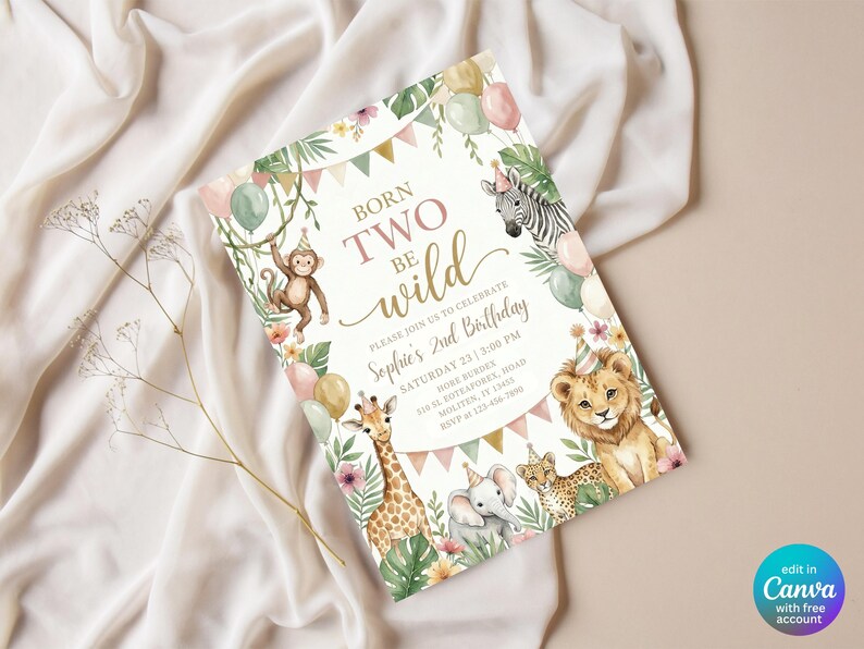 May include: A rectangular birthday invitation card featuring watercolor illustrations of a monkey, zebra, giraffe, elephant, leopard, and lion wearing party hats, surrounded by balloons, leaves, and flowers, with the text BORN TWO BE WILD.