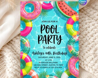de Invitation d'anniversaire à la piscine | Invitation fête d'été à la piscine | Faire-part d'anniversaire adulte modifiable en toile