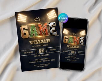 Sports Birthday Invitation | Black Gold All Star Game Day Invite (Canva Template)